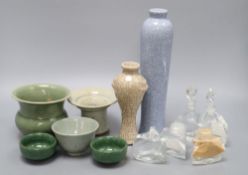 Five Oriental celadon type bowls or vases and two crackleware vases and five glass condiments,