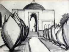 Tobit Roche (1954-), charcoal drawing, Near Qutab Minar, Delhi, signed and dated 1982, 28 x 38cm