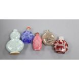 Five Chinese snuff bottles, Qing dynasty and later, tallest 10cm