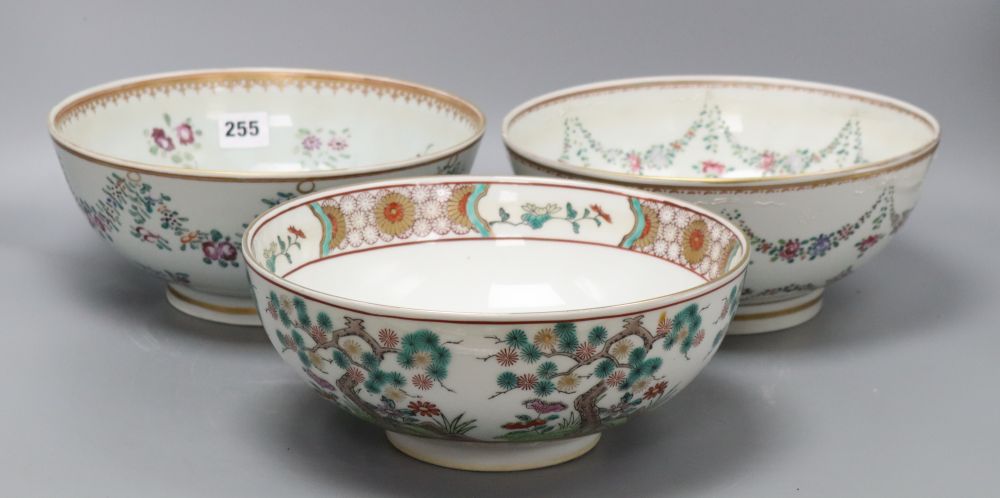 Two Samson famille rose bowls, in Qianlong style and a Japanese kutani bowlCONDITION: Both Samson