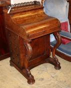 A Victorian burr walnut piano front davenport with rising stationary compartment, W.56cm, D.56cm,