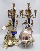 A pair of gilt metal and porcelain five light candelabra, height 50cm, a table lamp and a kettle