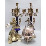 A pair of gilt metal and porcelain five light candelabra, height 50cm, a table lamp and a kettle
