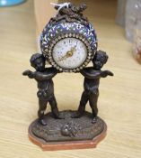 A putti and cloisonne bronze clock decorated with diamonte, height 19cm