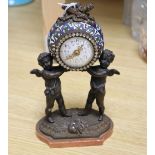 A putti and cloisonne bronze clock decorated with diamonte, height 19cm