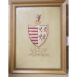 An early 19th century painted millboard armorial, 30 x 22cm