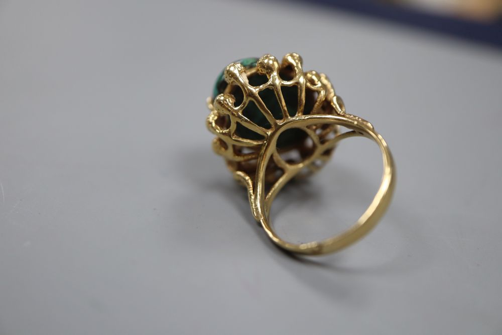 A continental yellow metal and malachite? set dress ring, size N, gross 8.7 grams. - Image 2 of 2