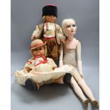 A 1920's boudoir doll, height 68cm and two costume dolls