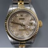 A lady's steel and yellow metal Rolex Datejust wrist watch with diamond set after market? dial, with
