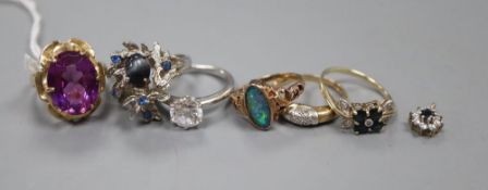 Two 9ct gem set rings, gross 5.5 grams, a 10k gem set ring, gross 8.9 grams, a 9ct gem set small