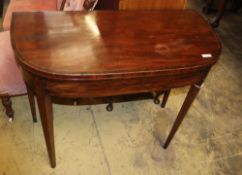 A George III banded mahogany 'D' shaped folding card table, W.87cm, D.44cm, H.72cm