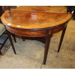 A George III satinwood banded mahogany demi lune folding card table, W.99cm, D.49cm, H.73cm