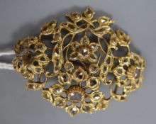 A continental yellow metal and rose cut diamond set foliate pendant brooch,(lead solder repair