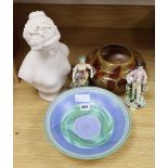 A pair of Derby figures, a Doulton bowl, a Poole dish and a faux marble bust