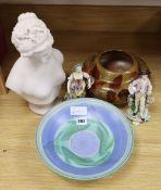 A pair of Derby figures, a Doulton bowl, a Poole dish and a faux marble bust