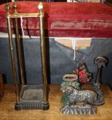 A late Victorian brass and cast iron stick, H.63cm, together with an umbrella stand and three cast