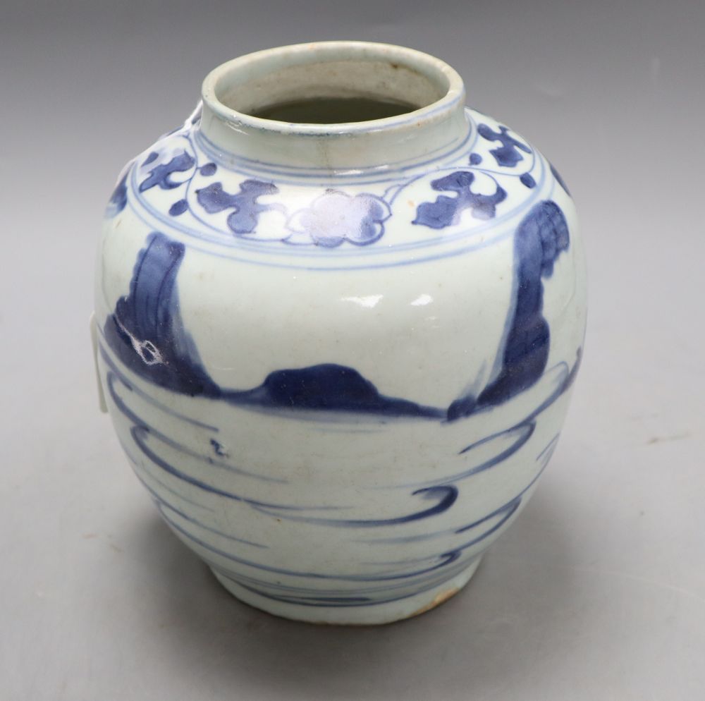 A Chinese Late Ming blue and white 'landscape' jar, height 19cm, with certificate of authenticity,