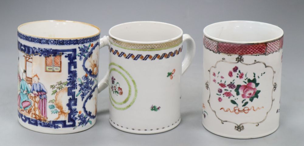 Two Chinese export famille rose mugs, Qianlong and a Chinese export Imari bulle shaped teapot and