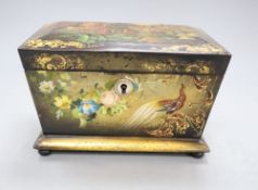 A Victorian floral painted papier mache tea caddy, length 20cm