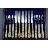 A cased set of twelve pairs of Victorian shibayama handled silver dessert eaters, Martin, Hall & Co,