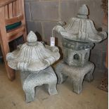 Two reconstituted stone Chinese style garden ornaments, H.58cm (one incomplete)