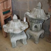 Two reconstituted stone Chinese style garden ornaments, H.58cm (one incomplete)