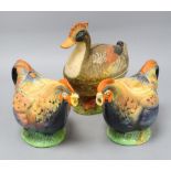 Two ceramic chicken teapots and an Italian 'duck' box, tallest 24cm