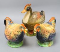 Two ceramic chicken teapots and an Italian 'duck' box, tallest 24cm