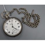 A George V silver Waltham keyless pocket watch, case diameter 54mm, dial a.f. and a silver Albert