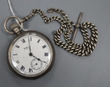 A George V silver Waltham keyless pocket watch, case diameter 54mm, dial a.f. and a silver Albert