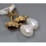 A pair of mid to late 20th century 9ct gold, garnet and freshwater pearl set drop earrings, 21mm,