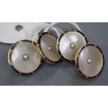 A pair of 18ct, mother of pearl seed pearl and blue enamel set disc cufflinks, diameter 14mm,