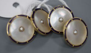 A pair of 18ct, mother of pearl seed pearl and blue enamel set disc cufflinks, diameter 14mm,