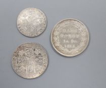 A George III shilling 1787, VF, a similar sixpence, VF and a George III bank token 1S6d, 1815.