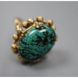 A continental yellow metal and malachite? set dress ring, size N, gross 8.7 grams.