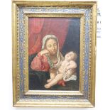 After Guido Reni, oil on canvas, Madonna and child, label remnant verso, 37 x 26cm