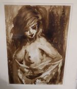 Sabir Mehtiyer (Turkish), monochrome watercolour, Female nude, signed and dated '05, 47 x 33cm,