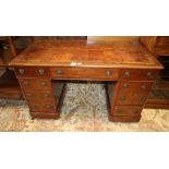 A Victorian mahogany pedestal desk, with leather inset top on plinth base, W.120cm, D.58cm, H.70cm