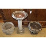 Two reconstituted stone garden urns and a bird bath (3)