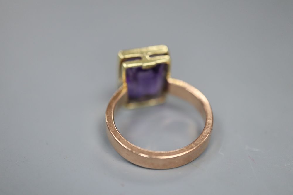 A yellow metal and amethyst set dress ring, size G, gross 4.3 grams. - Image 2 of 2