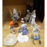 Four Lladro porcelain figures, a Rosenthal coffee pot, Herend quail, Copenhagen cat and other