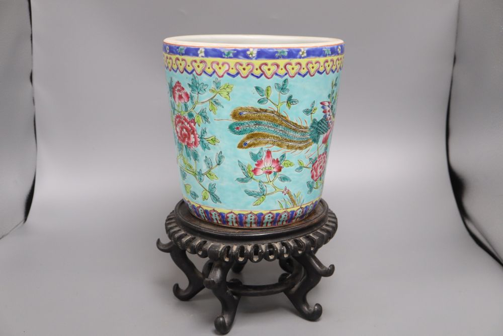 A Chinese turquoise glazed 'dragon' jardiniere and wood stand, overall 33cm - Image 2 of 5