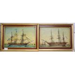 A pair of colour prints of frigates, 28 x 43cm