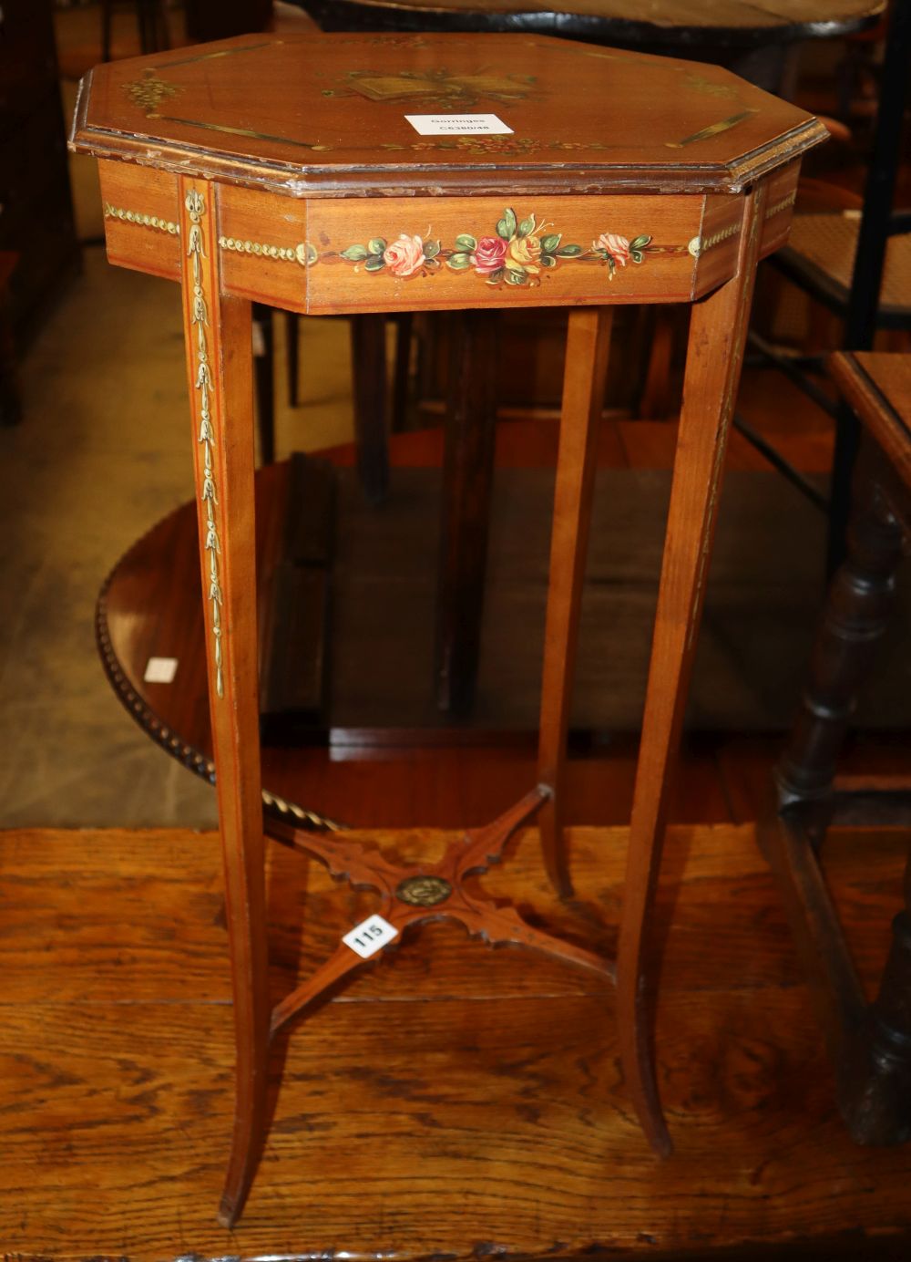 A late Victorian Sheraton revival satinwood octagonal occasional table, W.35cm, D.29cm, H.70cm