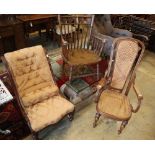 An early 20th century oak comb back elbow chair, a caned bentwood chair and a Victorian nursing