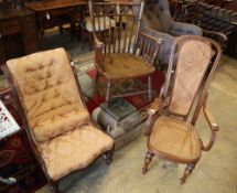 An early 20th century oak comb back elbow chair, a caned bentwood chair and a Victorian nursing