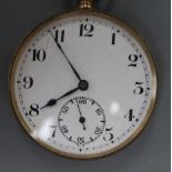 A 1920's 9ct gold open face keyless pocket watch, with Arabic dial and gilt metal cuvette, gross