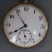 A 1920's 9ct gold open face keyless pocket watch, with Arabic dial and gilt metal cuvette, gross