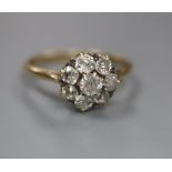 An early 20th century 18ct and old round cut diamond set cluster ring, size P, gross 2.2 grams.