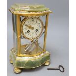 An early 20th century French green onyx, champleve enamel and ormolu mantel clock, includes key,